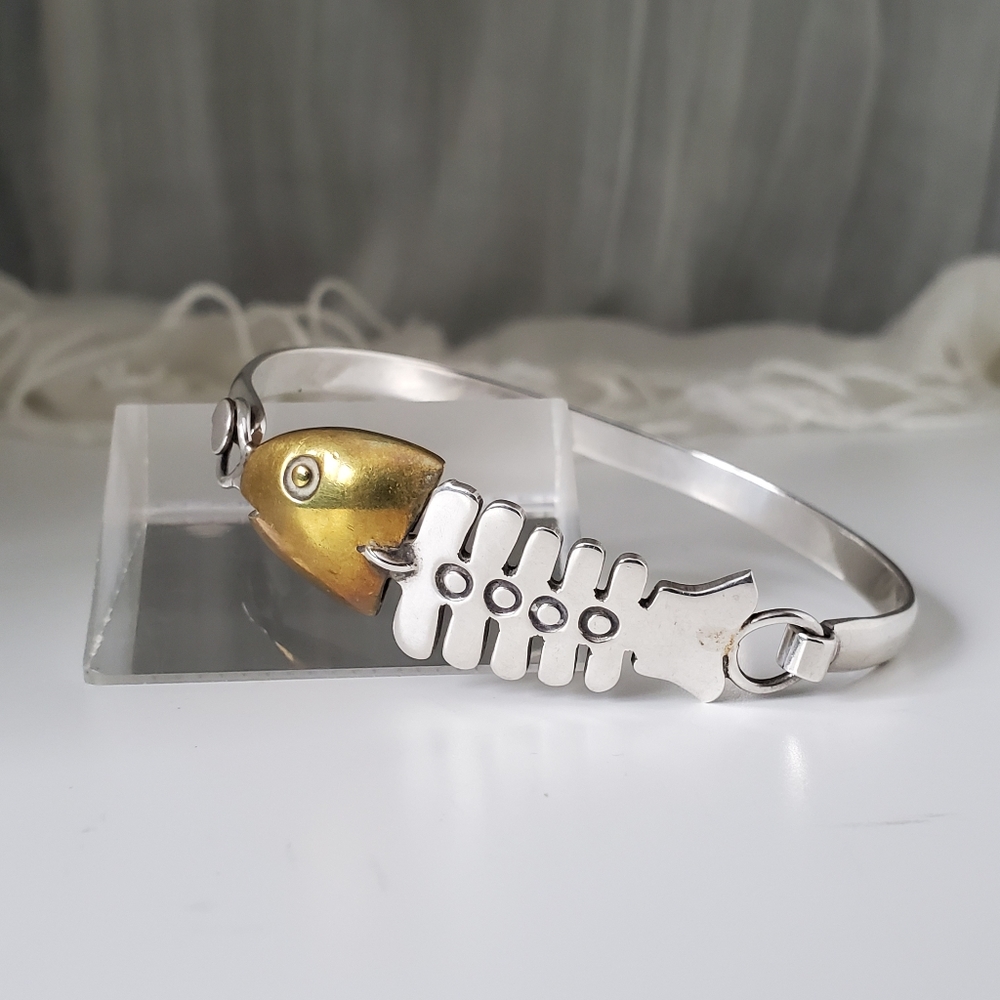 925 Sterling & Vermeil Fish Bones Bracelet - Picture 1 of 11